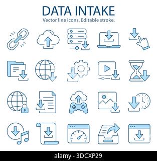 Icônes de saisie de données. Affichage des téléchargements, de la synchronisation cloud, du transfert de fichiers et des processus d'accès numérique. Contour modifiable. Illustration de Vecteur