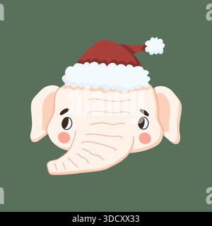 Un éléphant blanc mignon portant un chapeau de Père Noël, isolé. Illustration vectorielle de dessin animé de Noël pour les conceptions d'enfants, cartes de vacances, invitations Illustration de Vecteur