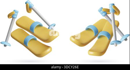 Skis 3D et bâtons jaunes et bleus icônes dynamiques dans un style plastique minimal mignon isolé sur blanc Illustration de Vecteur