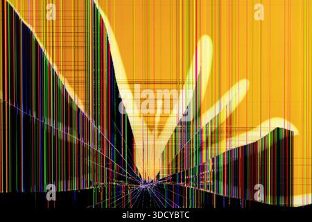 Vue détaillée d'un écran électronique endommagé, présentant des lignes de pixels verticales vibrantes et des fissures rayonnantes, illustrant le dysfonctionnement et la réparation de l'appareil Banque D'Images