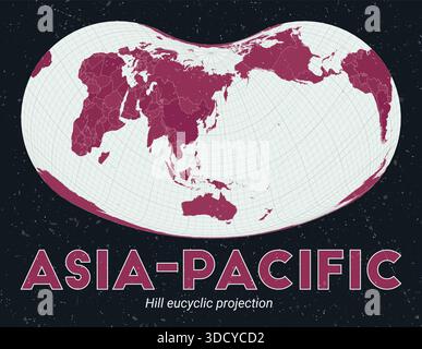 Carte du monde de l'Asie-Pacifique présentant une projection eucyclique Hill centrée sur l'Asie-Pacifique. Illustration de Vecteur
