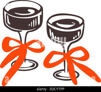 Verres de clinking fantaisistes dessinés à la main avec des noeuds rouges coquette. Crayon doodle margarita, martini, vin de champagne dessin. Charbon girly illust Illustration de Vecteur