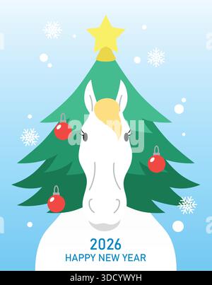 Carte de voeux du nouvel an chinois du cheval 2026 avec fond d'hiver. Cheval zodiaque mignon avec arbre de noël sur fond de motif de flocons de neige. Illustration de Vecteur