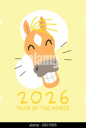 Drôle de tête de cheval souriant. Vecteur de carte de voeux de célébration du nouvel an chinois du cheval 2026. Illustration de Vecteur
