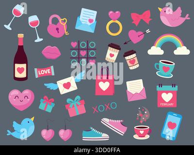 Ensemble d'éléments simples pour la Saint-Valentin. Illustration vectorielle dans un style plat. Illustration de Vecteur