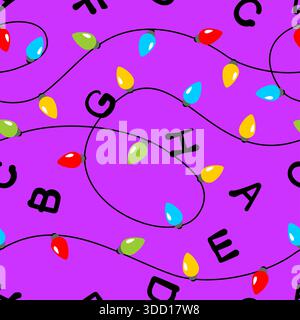Motif rétro sans couture avec lumières de Noël brillantes et lettres de l'alphabet sur fond violet. Inspiré par l'esthétique de l'horreur de science-fiction des années 80. Fil enchevêtré Illustration de Vecteur