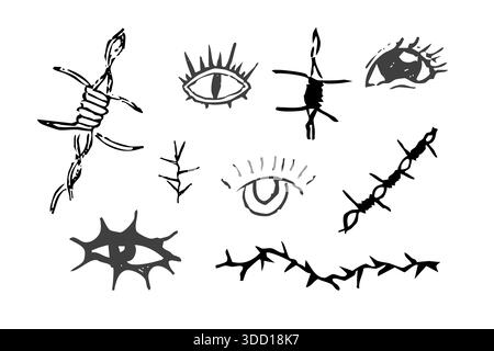 Tige d'épine, fil de fer barbelé et oeil doodle simple main dessiné y2k Creepy Set. Tatouage de fil barbelé. Séparateur de limite,bordure. Illustration vectorielle Illustration de Vecteur
