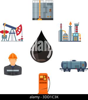 Extraction de l'industrie pétrolière production et transport pétrole et essence Flat Icons Set avec pétrolier, plate-forme et barils. Illustration vectorielle isolée. Illustration de Vecteur