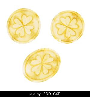 Jeu de pièces d'or avec des pièces rondes brillantes, isolé, clipart aquarelle peinte à la main. Parfait pour les thèmes de chance irlandaise, les illustrations de trésor, les graphismes de Patricks Day et les dessins d'enfants Banque D'Images
