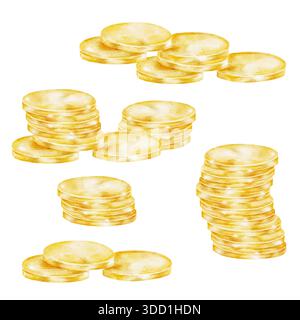 Piles de pièces d'or, isolé, clipart aquarelle peinte à la main. Parfait pour les thèmes de chance irlandaise, les illustrations de trésor, les graphismes de Patricks Day et les dessins d'enfants Banque D'Images