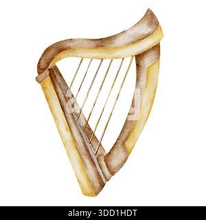 Harpe irlandaise instrument traditionnel, isolé, clipart aquarelle peinte à la main. Parfait pour les designs de la culture irlandaise, les thèmes de Patricks Day, l'art musical et les symboles du folklore Banque D'Images