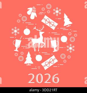Illustration de Noël avec des icônes festives, des cadeaux, un arbre, des flocons de neige et un vecteur de texte de l'année 2026 Illustration de Vecteur