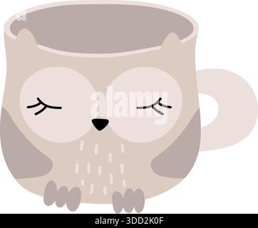 Mug de caractère chouette mignon avec les yeux fermés un vecteur minimaliste, style de design plat, représentant le confort d'une matinée paisible Illustration de Vecteur