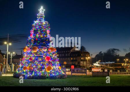 Arbre de Noël central à West Bay à côté de Bridport Harbour à Noël. L'arbre est fabriqué à partir de casiers à homard et de bouées d'amarrage. Banque D'Images