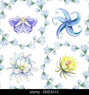 Illustration aquarelle délicate avec des fleurs de lune, des couronnes florales et des papillons. Motif botanique léger et aéré avec ambiance nocturne magique Banque D'Images