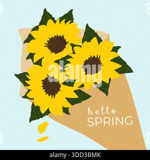 Bonjour le printemps avec des tournesols. Illustration de carte de voeux de printemps avec un bouquet de tournesols jaune vif enveloppé dans du papier kraft sur un pastel léger Illustration de Vecteur