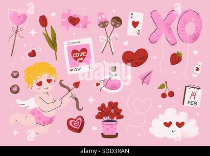 Ensemble de cliparts dessinés à la main pour la Saint-Valentin. Illustration de Vecteur