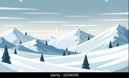 Illustration de paysage de montagne enneigée d'hiver avec des pins et ciel bleu Illustration de Vecteur