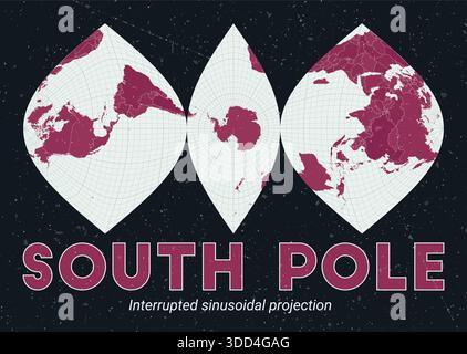 Pôle Sud. Carte du monde. Projection sinusoïdale interrompue centrée sur le pôle Sud. Menthe pâle et palette rose foncé. Texture vintage. Illustration de Vecteur