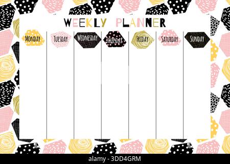 Modèle de planificateur hebdomadaire vectoriel moderne avec fond abstrait géométrique pour la papeterie, les plans quotidiens et les horaires Illustration de Vecteur