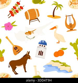 Icônes traditionnelles chypriotes, y compris la nourriture, les monuments, les animaux et les instruments de musique disposés dans un modèle sans couture pour les thèmes de voyage et de culture, isolé sur fond blanc illustration vectorielle Illustration de Vecteur