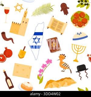 Symboles traditionnels d'Israël, nourriture, repères et icônes religieuses disposés dans un motif répétitif sans couture, idéal pour les projets culturels et éducatifs, isolé sur fond blanc illustration vectorielle Illustration de Vecteur