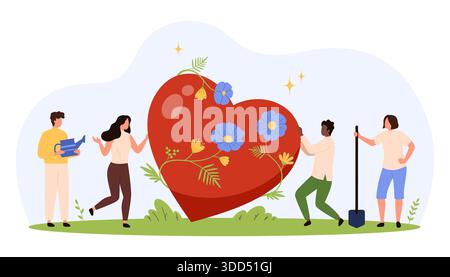 Groupe de diverses personnes nourrissant un cœur géant avec des fleurs en fleurs, symbolisant la charité, la gentillesse, le travail d'équipe et les commentaires positifs dans une illustration vectorielle isolée de style plat Illustration de Vecteur