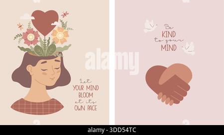 Soutien aux femmes en santé mentale. Modèle de cartes de vœux. Tête de fille avec fleurs en fleurs, cœur, colombes et poignée de main avec citations inspirantes. Concept Illustration de Vecteur