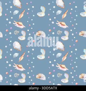 Motif sans couture de mer de coquillages, murex, perles, palourde sur fond bleu. Clipart du monde sous-marin. Illustration d'aquarelle dessinée à la main pour le thème de la mer Banque D'Images