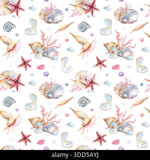 Modèle sans couture de coquillages, étoiles de mer, murex, perles, coraux roses, nautilus, coquilles spirales. Clipart du monde sous-marin. Illustration d'aquarelle dessinée à la main Banque D'Images
