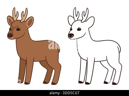 Dessin de cerf huemul de dessin animé, animal national du Chili. Dessin au trait noir et blanc et dessin de bande dessinée en couleur. Illustration vectorielle. Illustration de Vecteur