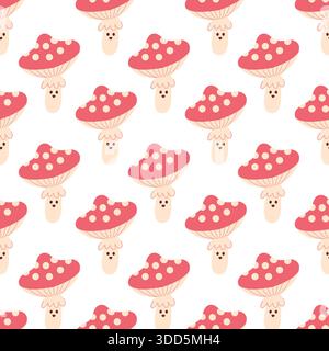 Cute Mushroom Seamless Pattern avec illustration Amanita souriante Illustration de Vecteur