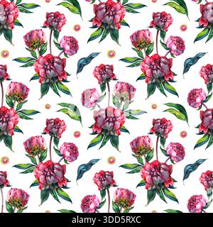 Motif floral aquarelle sans couture avec pivoines roses luxuriantes et feuilles vertes. Répétition botanique romantique peinte à la main parfaite pour les textiles Banque D'Images