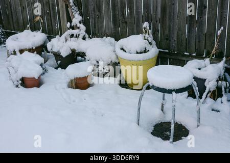 Couvertures de neige plusieurs pots de plantes et un tabouret dans une cour arrière. C'est une froide journée d'hiver avec un environnement blanc. Banque D'Images