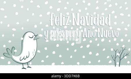 Salutation de Noël en espagnol avec un paysage enneigé avec un petit oiseau blanc les yeux fermés. Illustration de Vecteur