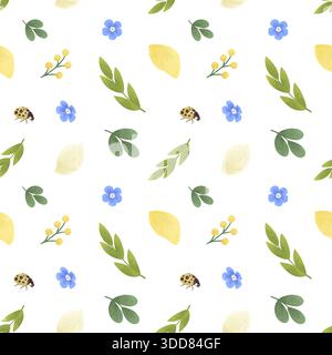 Modèle sans couture avec jaune de printemps simple, fleurs bleues, brindilles, feuilles, coccinelle. Illustrations faites à la main, aquarelles, pastels. Pour la conception d'impression Banque D'Images