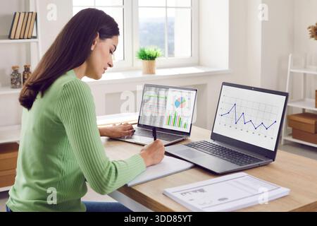 Femme d'affaires examinant des analyses et des graphiques sur deux ordinateurs portables au bureau Banque D'Images