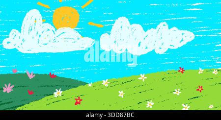 Peinture à la craie au crayon dans le style pastel enfant - terre d'herbe verte avec des fleurs colorées, des nuages blancs et du soleil jaune sur fond de ciel bleu. Dessin au crayon d'enfant pour illustration de printemps ou décor de pépinière Illustration de Vecteur
