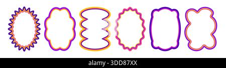 Bordure de cadre festonnée avec bords ondulés et formes ondulées. Cadres rectangulaires, circulaires ou ovales de style Y2K dans des couleurs vives avec de jolies lignes courbes, des motifs funky et des motifs étoiles rétro. Illustration de Vecteur