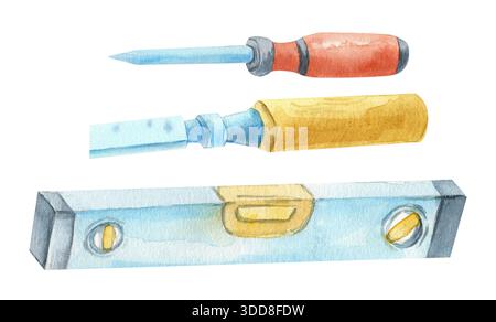 Ensemble aquarelle peint à la main d'outils de travail du bois, y compris ciseau, lime, clé et niveau. Outils à main de menuiserie isolés sur fond blanc, appropriés Banque D'Images