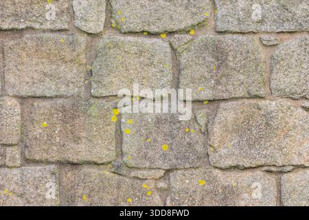 Mur en pierre de granit rugueux avec des éléments de surface texturés et des taches de lichen jaunes Banque D'Images