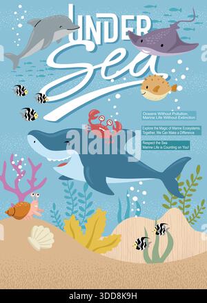 Scène de dessin animé sous-marin avec requin, dauphin et poisson pour soutenir la sensibilisation à la protection marine Illustration de Vecteur