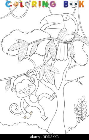 Singe de dessin animé mignon et toucan dans la jungle, page de livre de coloriage noir et blanc pour les enfants Illustration de Vecteur