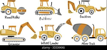 Illustration de bande dessinée de véhicules de construction avec des étiquettes comprenant excavatrice, bulldozer, rouleau de route, camion mélangeur, chargeuse sur pneus et pelleteuse Illustration de Vecteur
