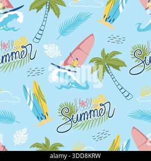 Motif d'été sans couture avec planche à voile, planches de surf, palmiers, vagues de l'océan et texte d'été hello manuscrit Illustration de Vecteur