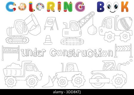 Page de livre de coloriage de chantier de construction avec des camions, des excavatrices, des bétonnières, des signes et des cônes, dessin animé noir et blanc pour les enfants Illustration de Vecteur