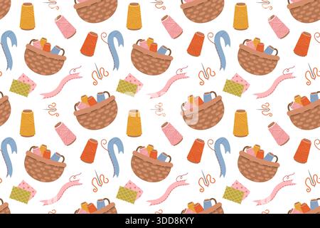 Modèle sans couture avec un kit de couture, une collection d'outils de couture dessinés à la main et d'accessoires dans un style plat. Panier de rangement, fil et tissu. Illustration de Vecteur