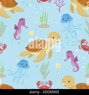 Dessin animé modèle sans couture sous-marin avec tortue de mer, méduse, hippocampe, crabe et corail sur fond bleu Illustration de Vecteur