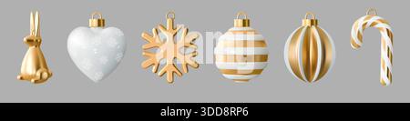 Ensemble de décoration de Noël 3D. Cadeau de Noël doré, flocon de neige doré sur ruban blanc, cadeau de jouet boule. Cœur et canne à bonbons, boule et cloche. Arc de vacances d'hiver. Le vecteur festif rend des éléments isolés brillants Illustration de Vecteur