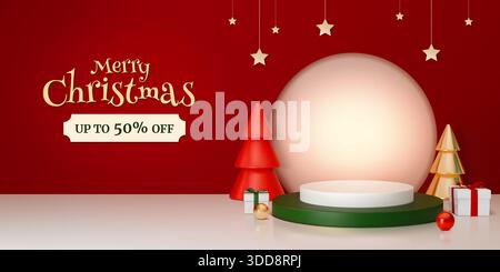 Bannière de soldes de Noël. podium rouge 3d avec boule de cristal en verre vide, joyeux noël ou présentation de produits cadeaux du nouvel an avec des décorations légères et de promotion. Souvenir avec flocons de neige. Arrière-plan vectoriel Illustration de Vecteur